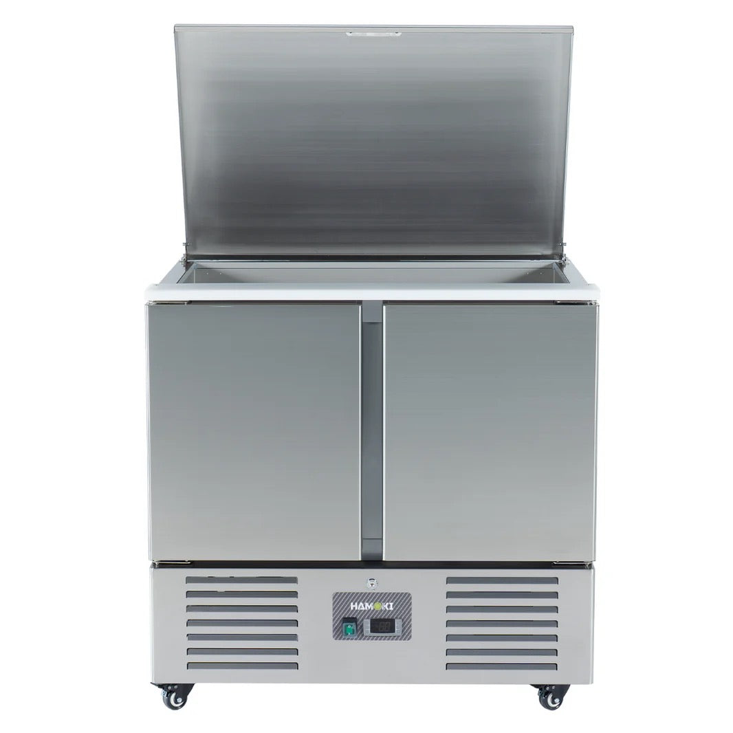 2 Door Refrigerated Salad Counter with Lid and Cutting Board - 215L