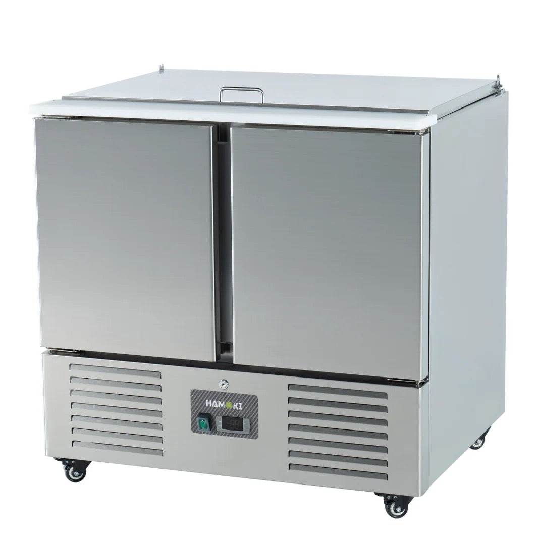 2 Door Refrigerated Salad Counter with Lid and Cutting Board - 215L